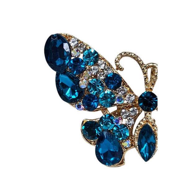 Vintage Style Blue Rhinestone Butterfly Brooch Pin Gold Tone Costume Jewelry - Picture 3 of 5